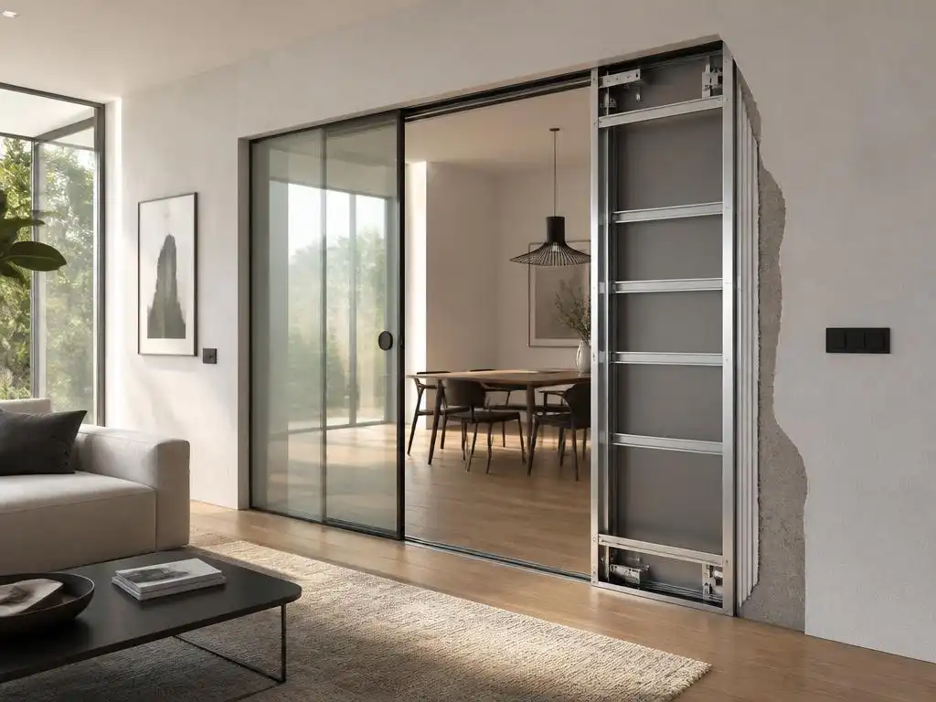 Platzsparende raumtrennung mit glasschiebetüren in der wand