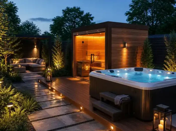Luxuriöse Gartengestaltung mit Sauna und Whirlpool für zuhause